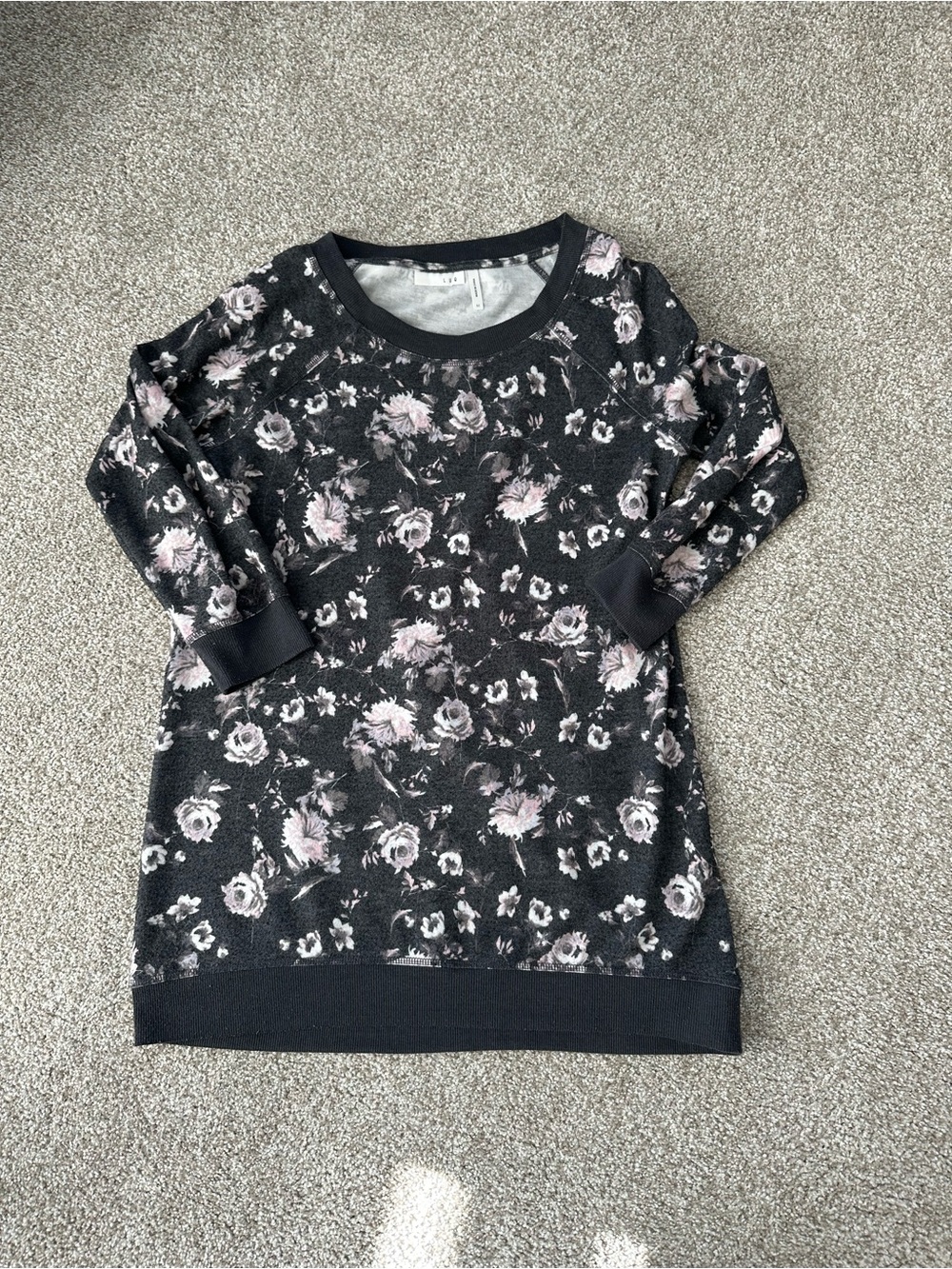 Black Floral Crewneck 3/4 Sleeve sweatshirt with Pink Accents